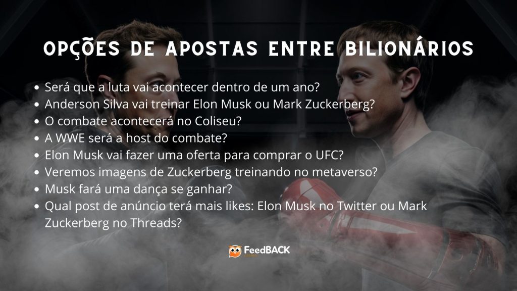 Elon Musk, do X e Zukemberg, do Meta, viram motivo de apostas - Foto: designer/feedback