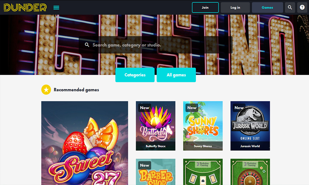 Dunder Casino desktop Home Page