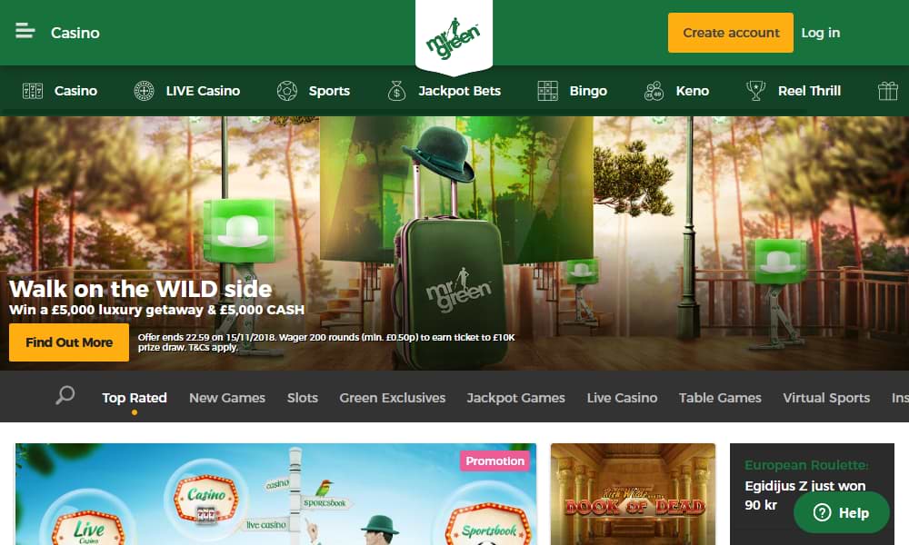Mr Green desktop Home Page