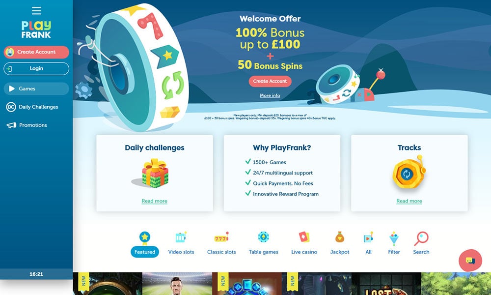 PlayFrank Casino Home screenshot