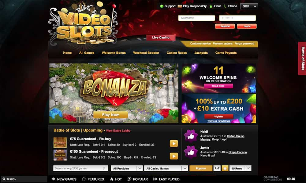 Videoslots desktop Home Page