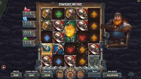 Screenshot of the Dwarf Mine slot machine from Yggdrasil Gaming on computer
