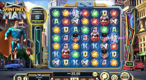 Screenshot of the Spinfinity Man slot machine on computer