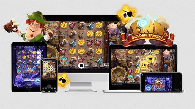 Screenshots of Finn's Golden Tavern on mobile and desktop.