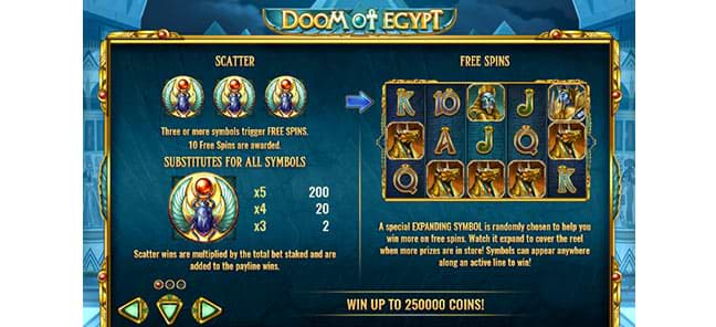 Free spins on Doom of Egypt slot machine
