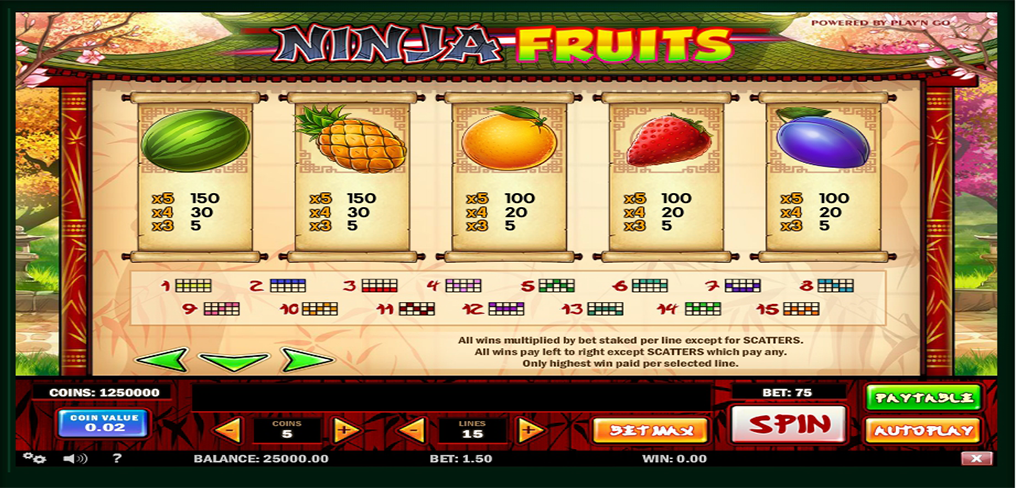 Ninja Fruits paytable