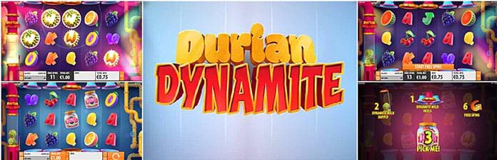 Screenshots of the Durian Dynamite slot machine